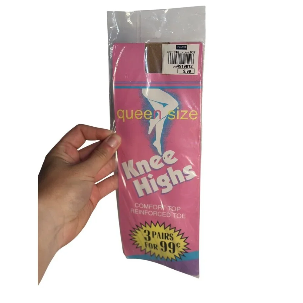 VTG Queen Size Knee Highs Stockings 3 Pairs Reinforced Toe Nylons NOS Sealed‎